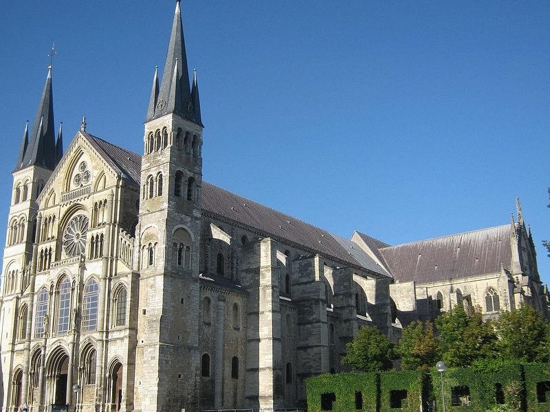 The Basilica of Saint-Remi in Reims, its two Romanesque towers and long nave