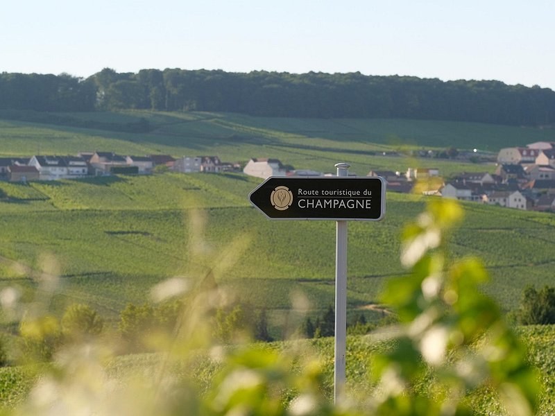 A Route touristique du Champagne sign in the vines, a village on the slope behind